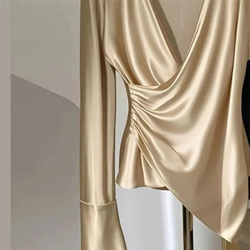 Chemisier croisé irrégulier de conception française pour femmes, chemise en satin haut de gamme